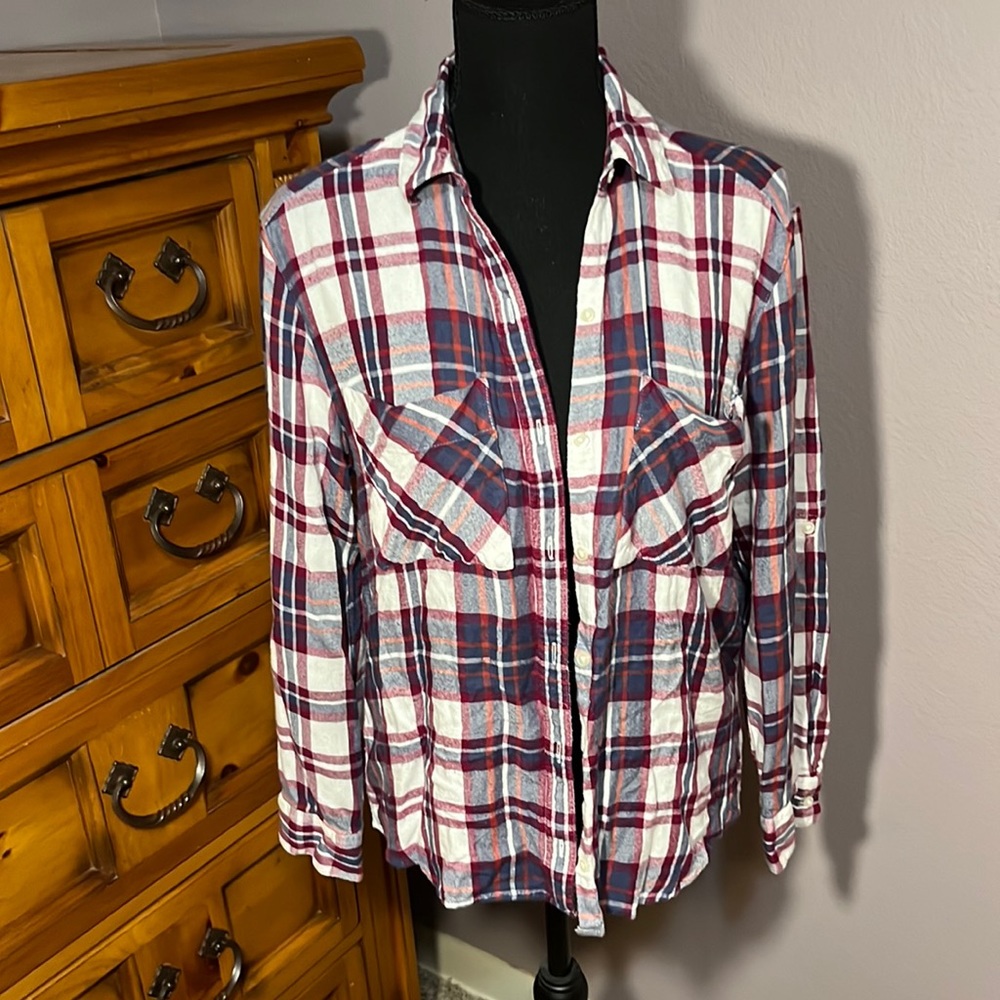 Express Purple, Blue, Red, and White plaid shirt